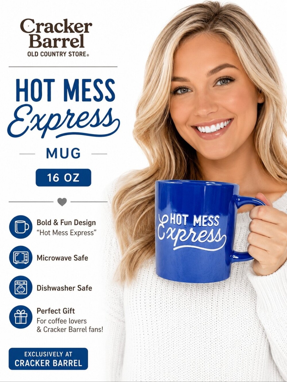 Cracker Barrel Blue "Hot Mess Express" Ceramic Coffee Mug